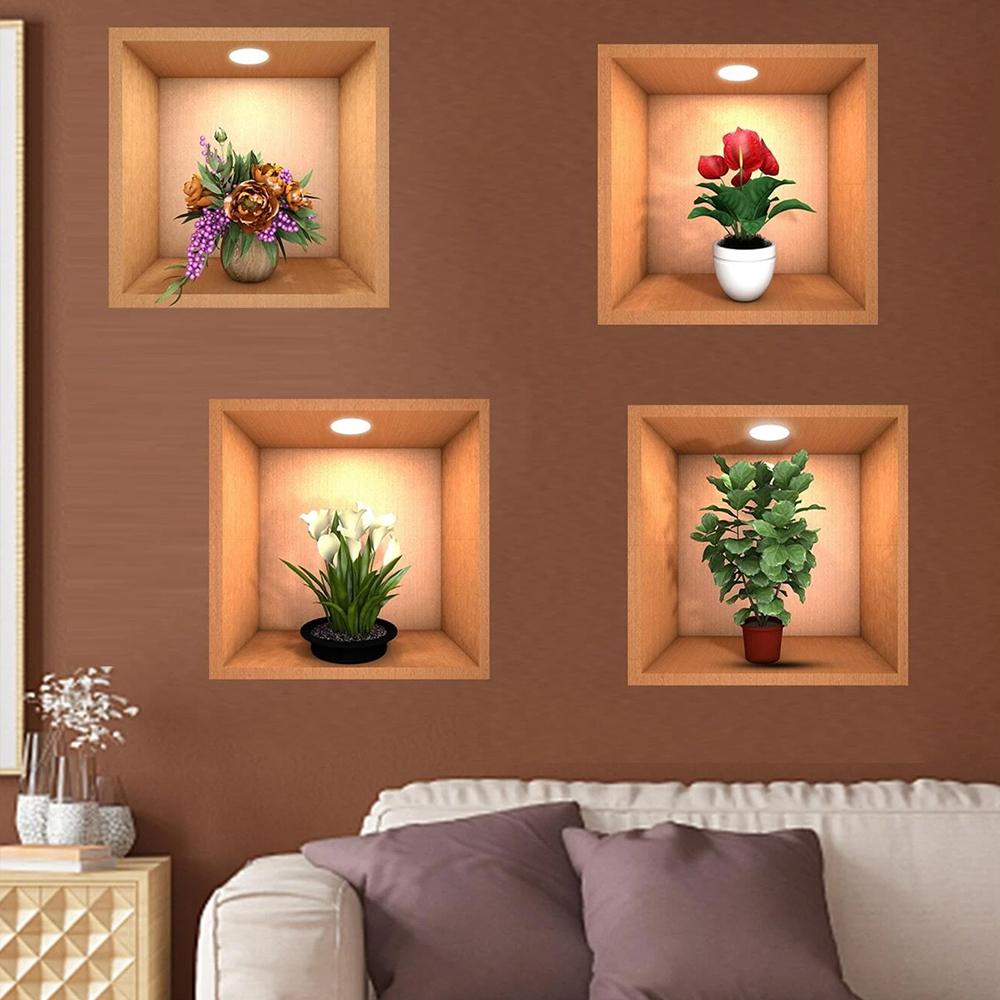 4Pcs 3D Plant Wall Stickers Floral Pattern Green Plants PVC Wall Sticker for Home Art Room Bedroom Background Decoration
