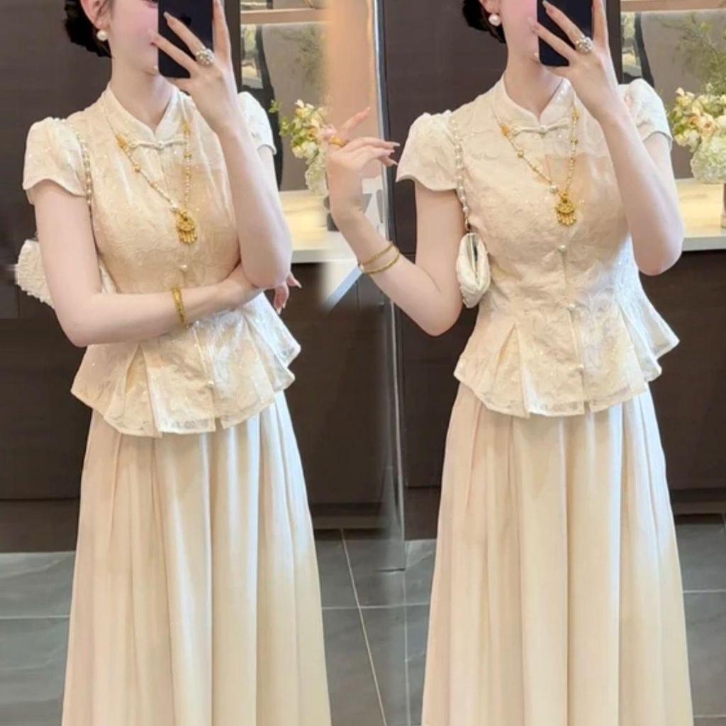 Summer Chinese Style Apricot Frog Button Skirt-Pants Suit for Women - Elegant & Luxurious