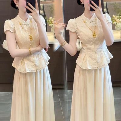 Summer Chinese Style Apricot Skirt-Pants Set with Frog Button 