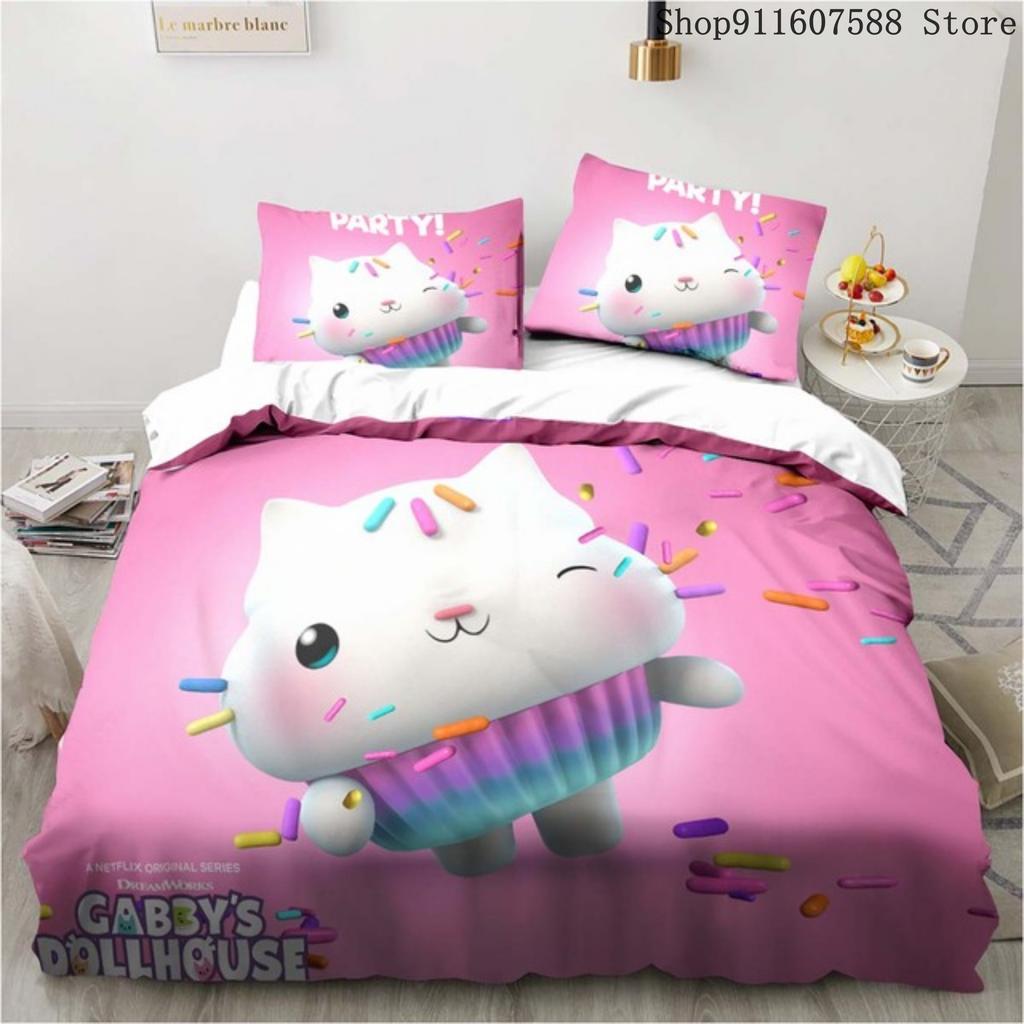 Gabby's Dollhouse Bedding Set Kawaii Bed Linen Set Single Double Size Home Decor For Girls Kids Cartoon Cute Cat Duvet Cover Set