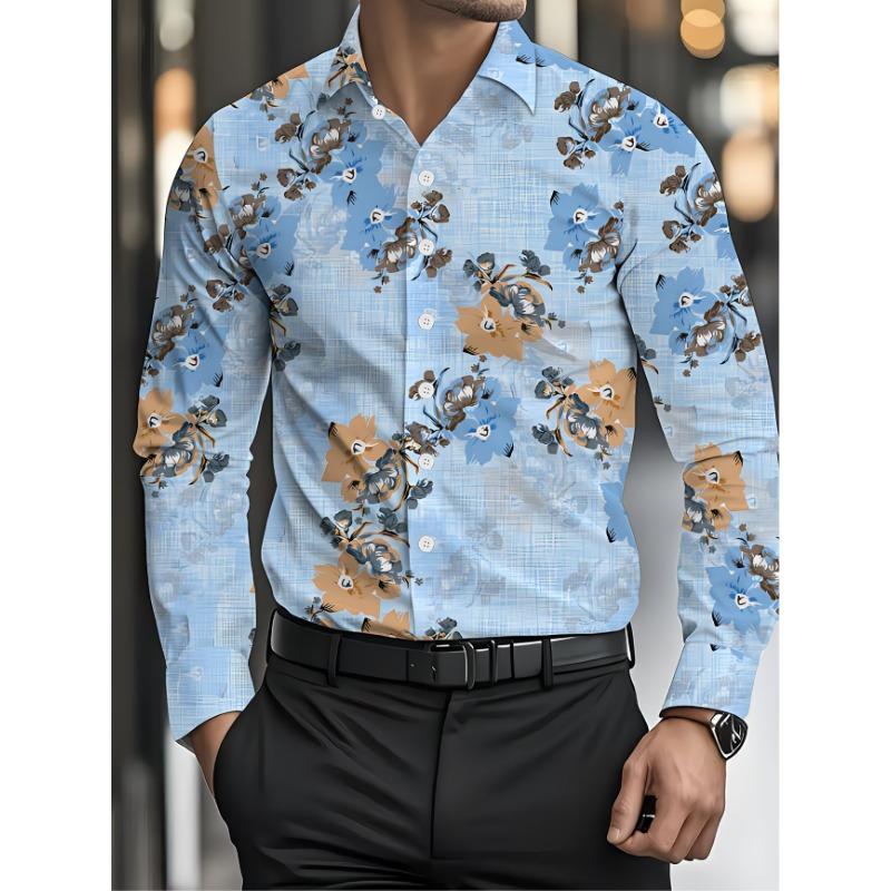 New Gold-plated Floral Print Men's Long Sleeved Shirt, Light Luxury Retro Court Style Shirt, Business Casual Trendy Top