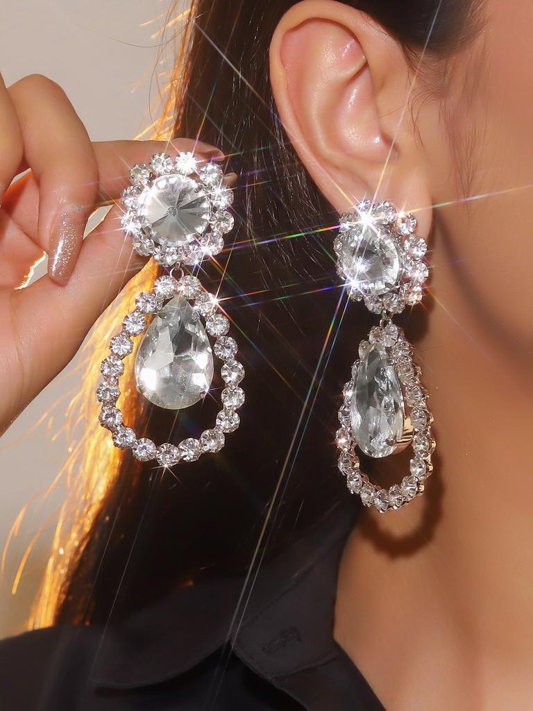 Oversized Fashion Claw Chain Luxury Shiny White Crystal Long Earrings Bridal Earrings Trendy Street Earrings