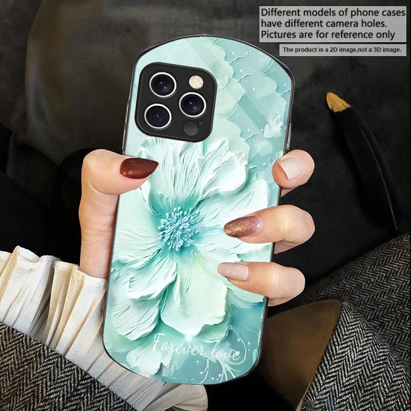 Plants in Oil Painting For iPhone 16 15 14 Pro 13 Plus 12 mini 11 13Pro Max XR X S 7 8 6 Elliptical Tempered Glass Phone Case
