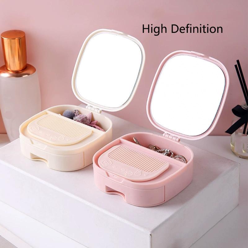 Portable Desktop Makeup Mirror with Storage Box and Comb Dormitory High-Definition Folding Vanity Mirrors Multi-Cosmetic Mirrors