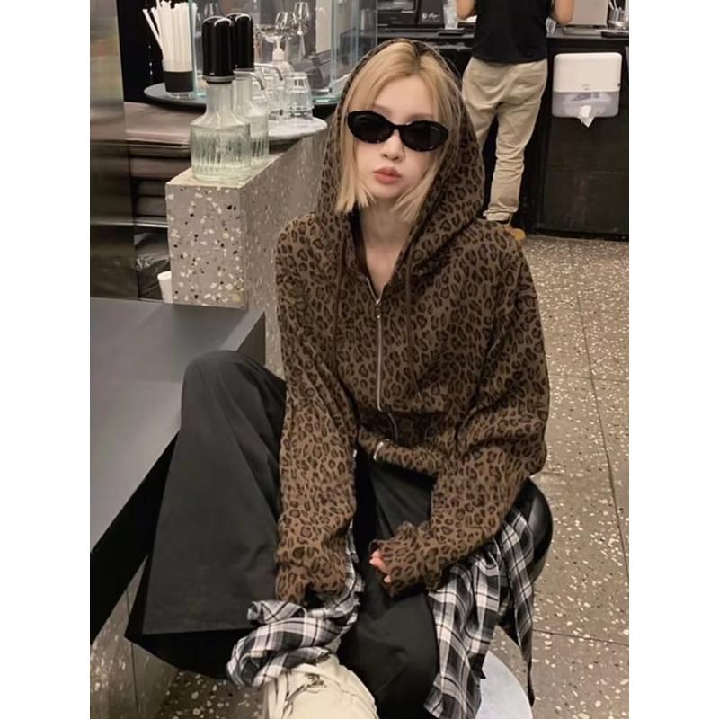 Y2K Leopard Print Hooded Jacket Women Full Zip Drawstring Hood Long Sleeve Loose Fit Streetwear Street Ladies Outerwear