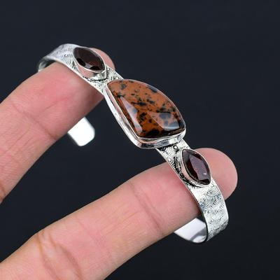 Natural Mahogany Obsidian Garnet Daughter Bangle Bracelet 925 Sterling Silver