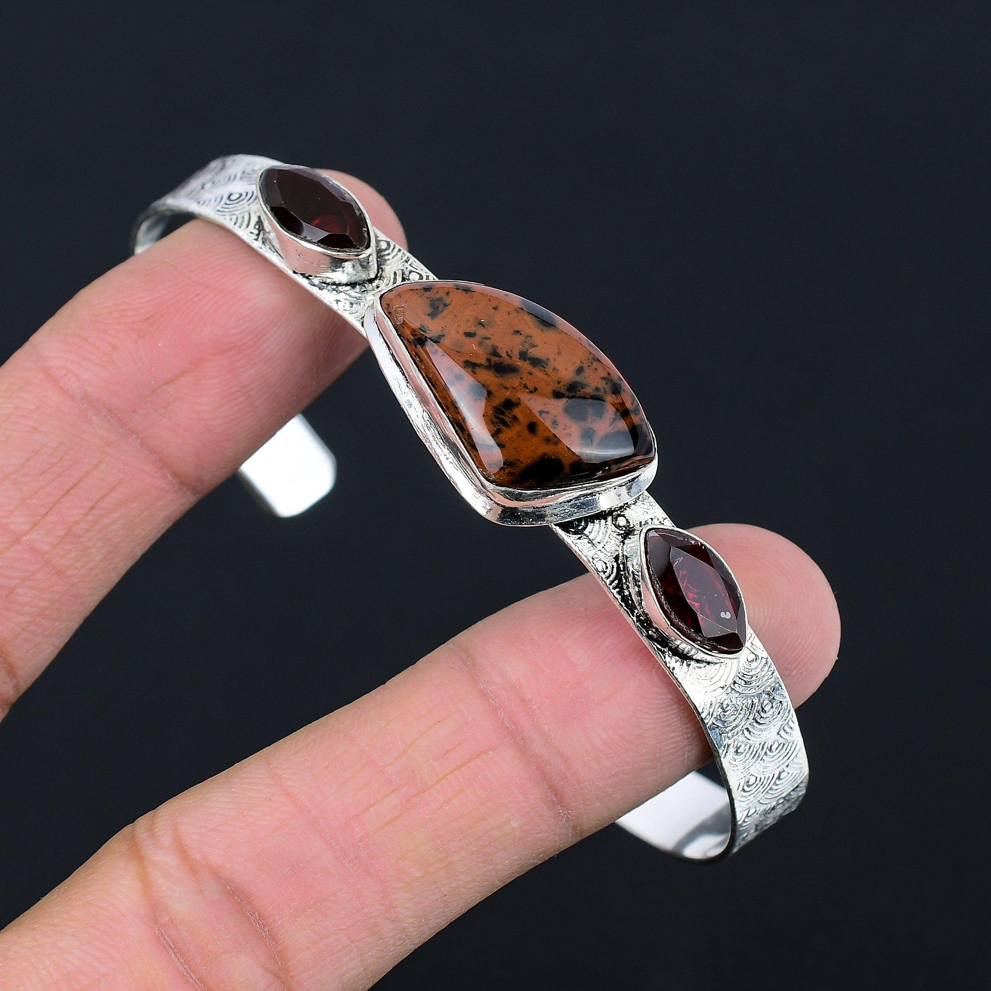 

Natural Mahogany Obsidian Garnet Daughter Bangle Bracelet 925 Sterling Silver Adjustable