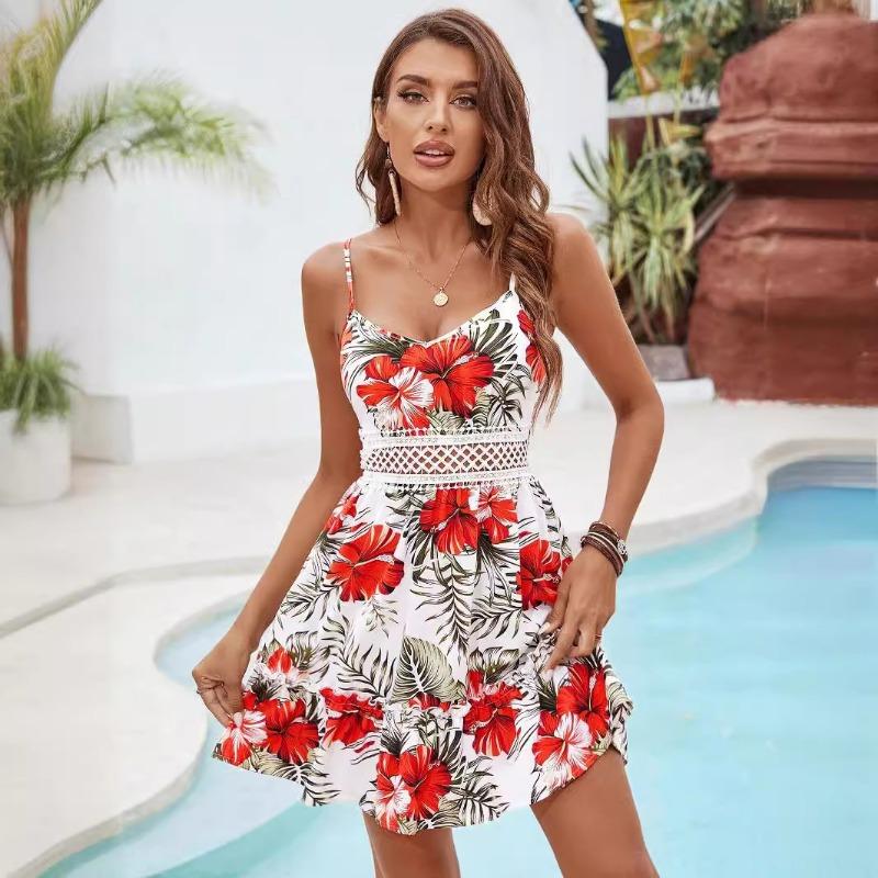 Women's Floral Print Holiday Spaghetti Strap Lace Patchwork Peplum Beach Dress