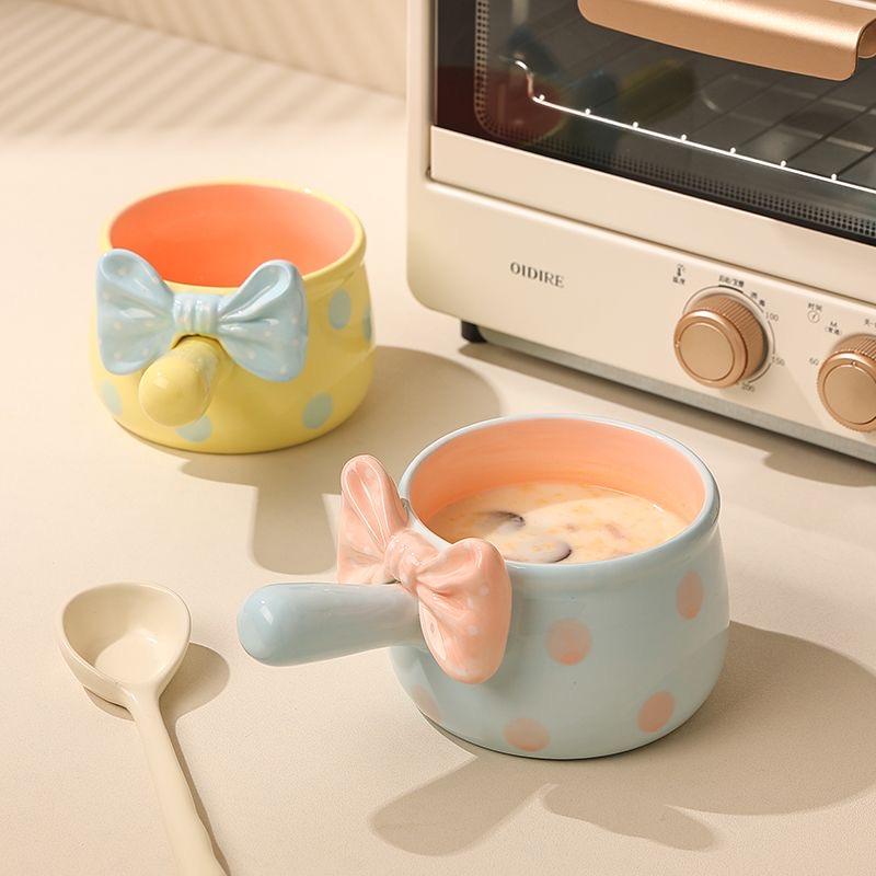 Cute Bowknot Ceramic Bowl with Handle, Aesthetic Salad, Dessert & Breakfast Oatmeal Bowl