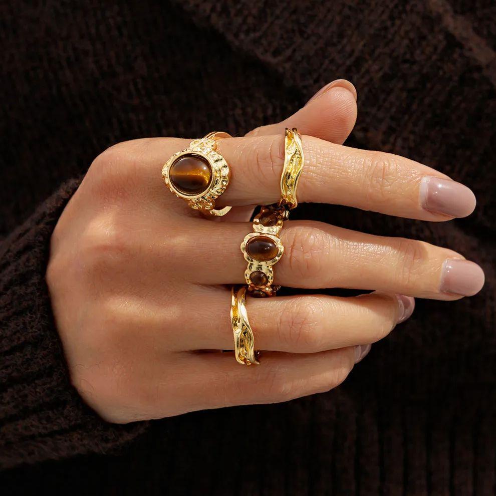 SHIXIN 4Pcs/Set Vintage Oval Brown Stone Open Rings for Women Luxury Round Gold Color Adjustable Knuckle Ring Lady Jewelry Gift