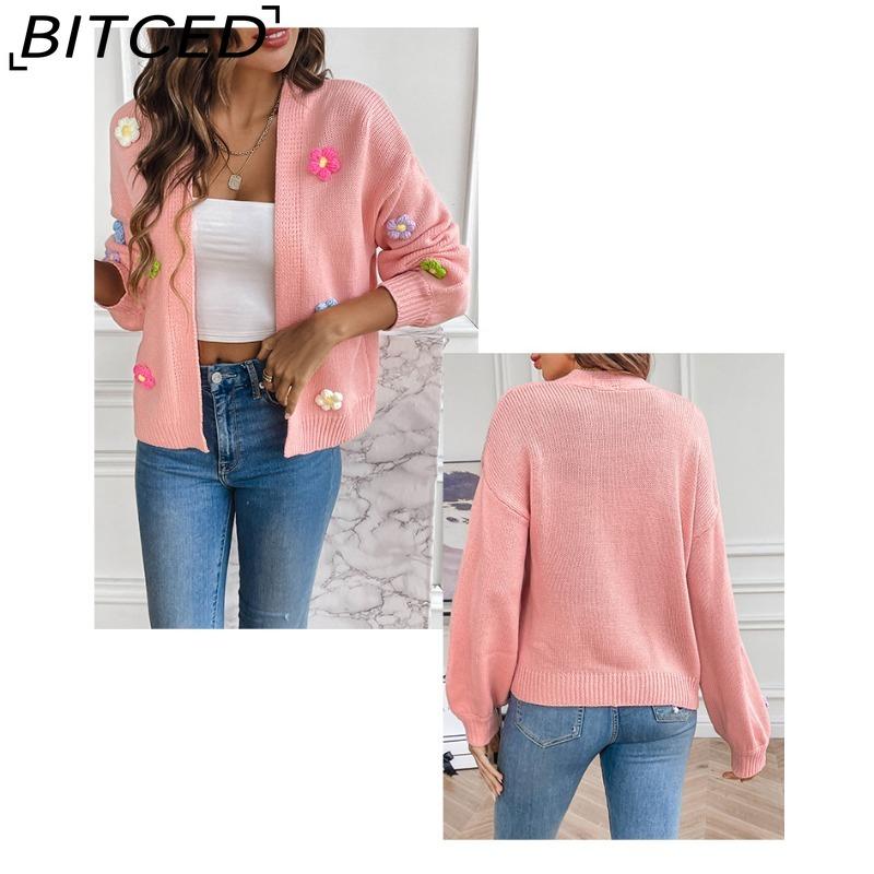BITCED Hand-Crocheted Floral Sweet Knit Cardigan Sweater Jacket for Women Lazy-Chic Style Casual Oversized Knitwear