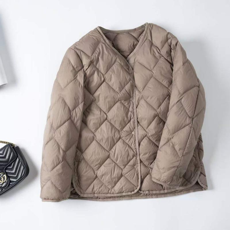 Premium light down jacket women's short light and thin liner autumn and winter round neck casual jacket rhombus jacket tide