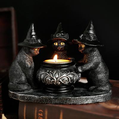 Halloween Black Cats Candle Holder Gothic Resin Cat with Witch Hat Statue Tea Light Holder for Indoor Party Mantel Coffee Table Centerpiece