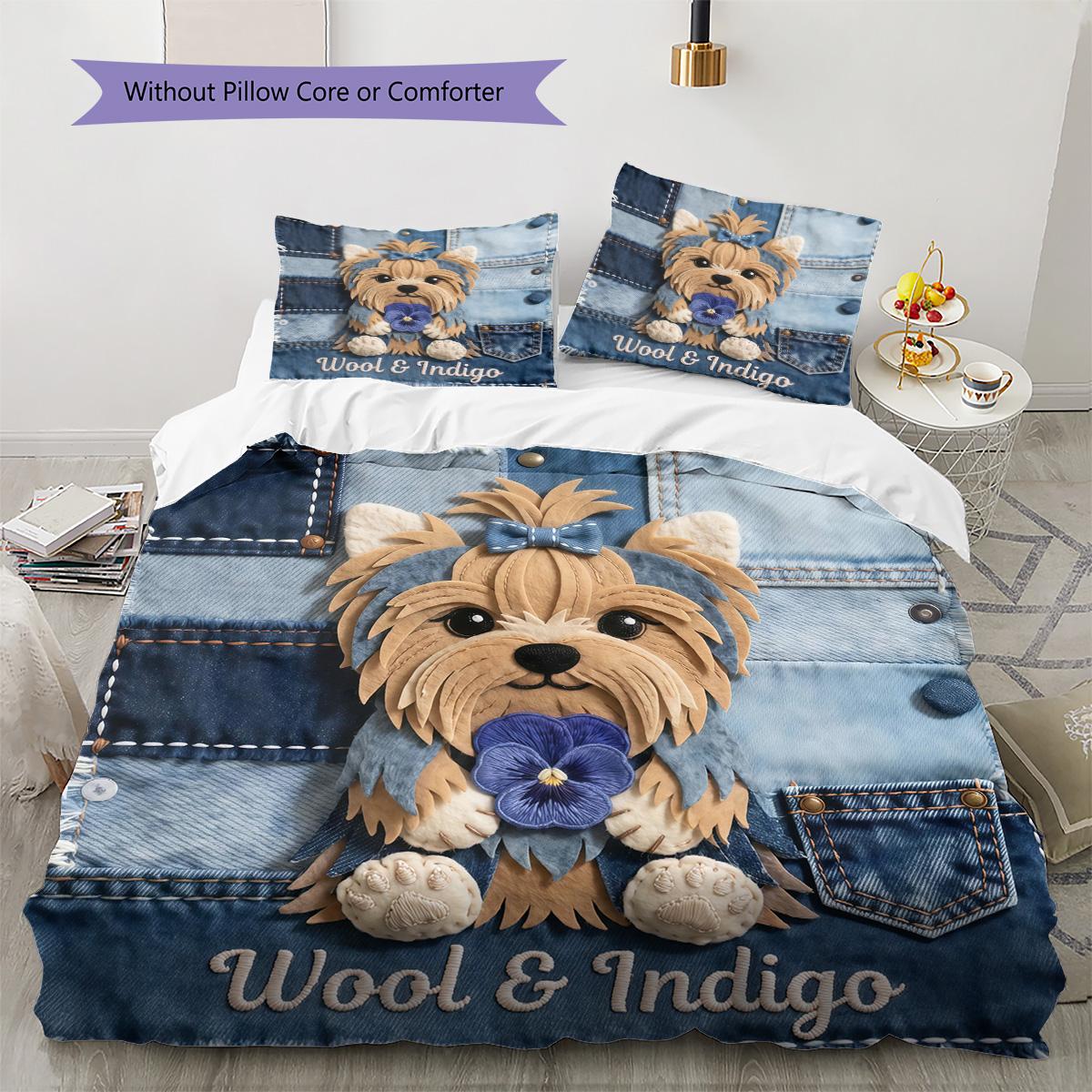 

Jeans Puppy Pattern Bedding Set Quilt Cover Pillowcase Home Decor Gift (1 * duvet cover + 2 * pillowcase, without core) 135x200cm
