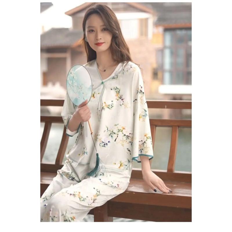 

Распечатать атласный шелк сексуальная пижама для женщин длинные рукава брюки пижамы 2 шт. комплект домашняя одежда женские пижамы наряды домашний костюм Pjs XL