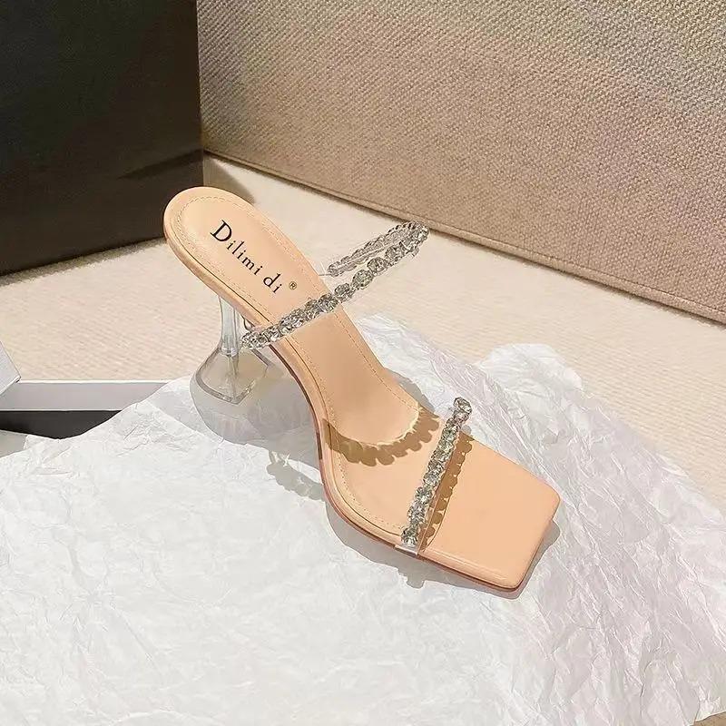 Nouă vară, moda sexy, sandale de damă cu vârf deschis, diamant de apă strălucitor, banchet cu capete pătrate, tocuri înalte pentru femei, design mare