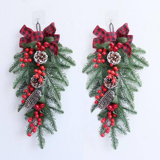 Christmas Swag Artificial Teardrop Swag Wreath with Pine Cones Red Berries And Bow Winter Door Hanging Swag for Front Door Stair Decor