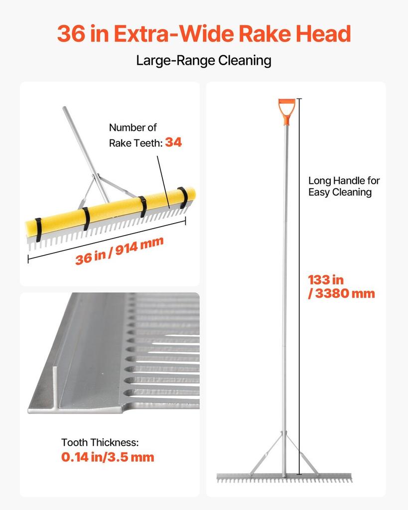 Landscape Rake, 914 mm Wide Head 2590 mm Handle, Large Heavy Duty Aluminum Landscaping Leaf Rake Tool, Asphalt Level for Loosening Soil, Garden &