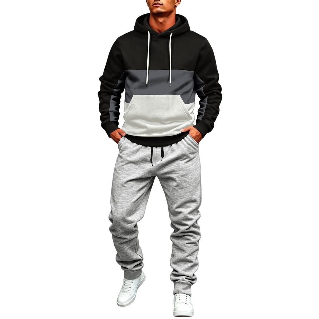 Men's Color Block Hoodie and Jogger Pants Set - Casual Winter Tracksuit