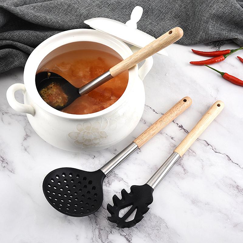 Silicone Kitchenware Non-Stick Heat-Resistant Cookware Kitchen Utensils Set Spatula Shovel Spoon Wooden Handle Cooking Tool Set