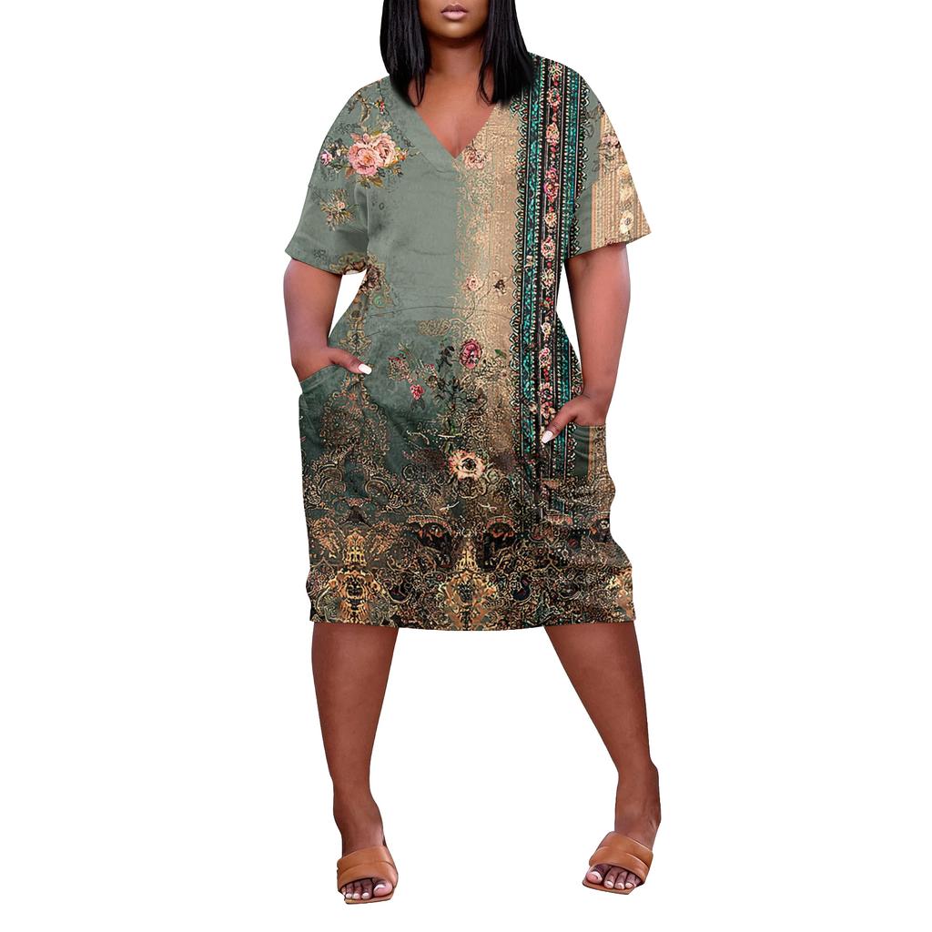 Letní nadměrné velikosti V výstřih krátký rukáv ke kolenům kapsa potisk ležérní šaty pro ženy