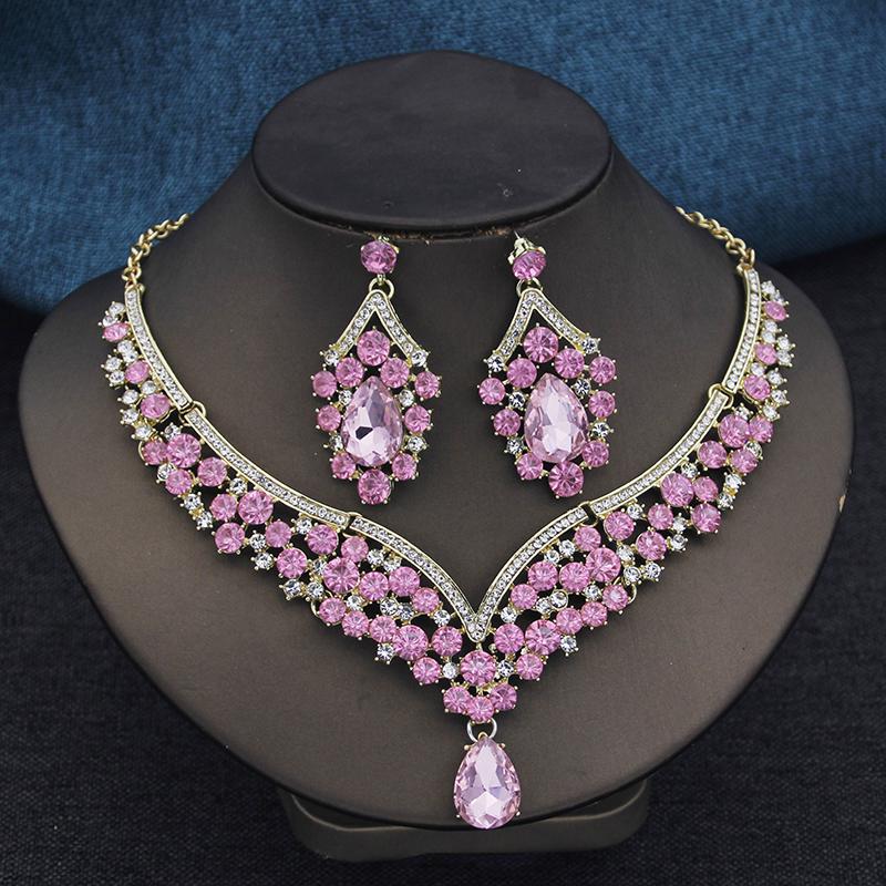Elegant 2pcs Rhinestone Crystal Choker Necklace Sets for Women Fashion Jewelry Sets Bridal Wedding Dubai Necklace Earrings Set
