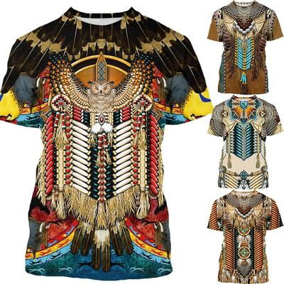 Herren 3D-Druck T-Shirts im indischen Stil, Retro-Indianer-Indianer-Muster, kurze Ärmel, T-Shirt, modische Oberteile