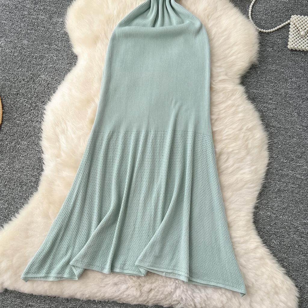 Summer Women Casual O-neck Sleeveless Hollow Out Knitted Sweater Slim Bodycon Fishtail Dresses