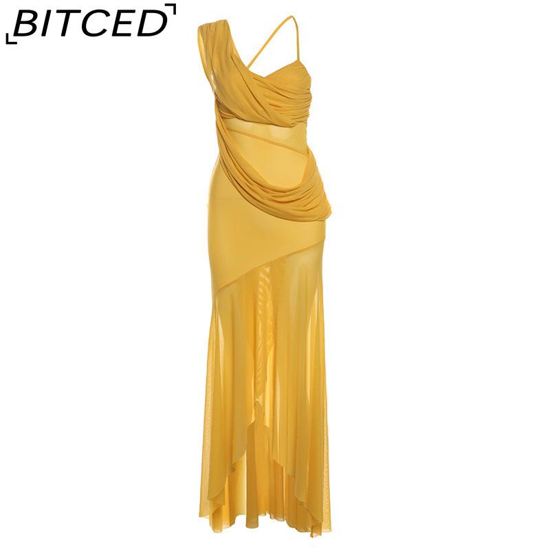 BITCED Summer Women s Solid-Colour Slim-Fit High-Waisted Fashion Strapless Sleeveless Mesh Dress S