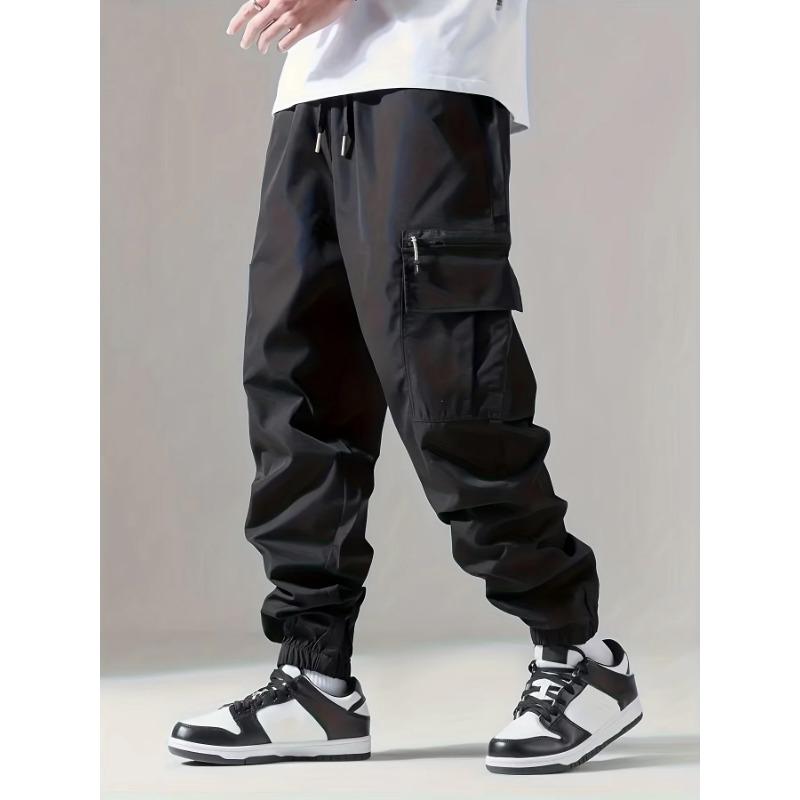 Men Drawstring Elastic Waist Zipper Pocket Cargo Pants Ankle Cuffed Jogger Casual Street Trousers