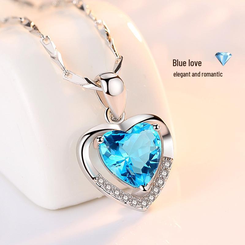 S925 Sterling Silver Ocean Heart Pendant Necklace with Rhinestones – Light Luxury Fashion for Women