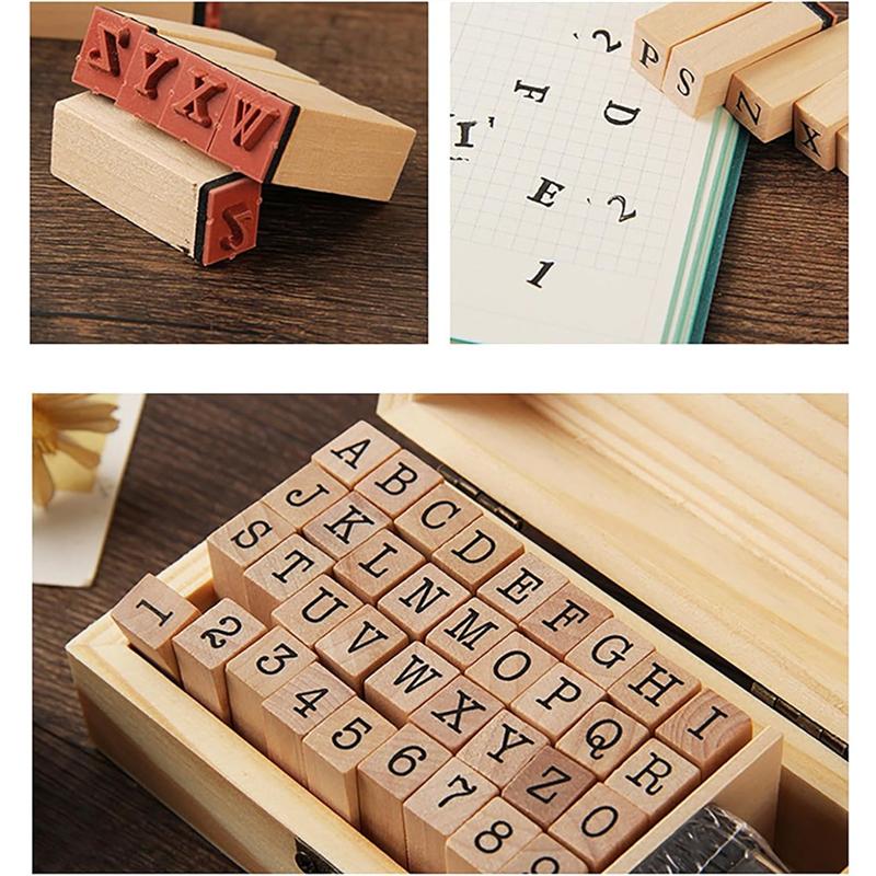 A96I-Alphabet Letter Number 36 Pcs Small Wooden Rubber Stamps In A Wooden Box For Card Making Multipurpose Wood Stamp