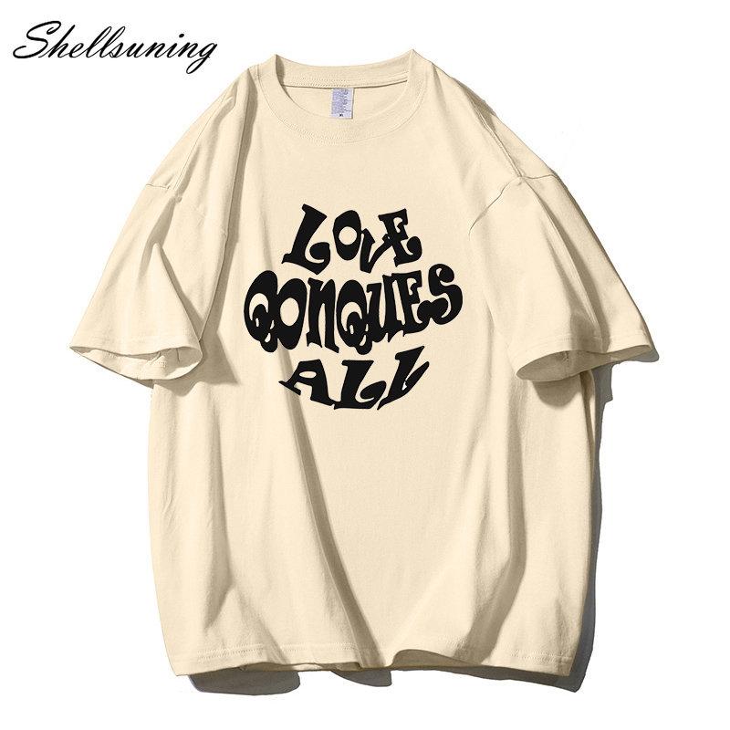Shellsuning Oversized Letter Graphic T Shirts Men Summer Soft 100% Cotton Short Sleeve Tees Female Trendy Loose High Street Tops