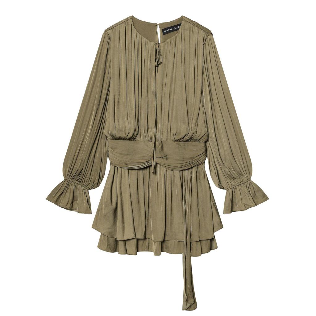 European American Style Autumn 2025 Lace-up Waist Long-Sleeved Dress