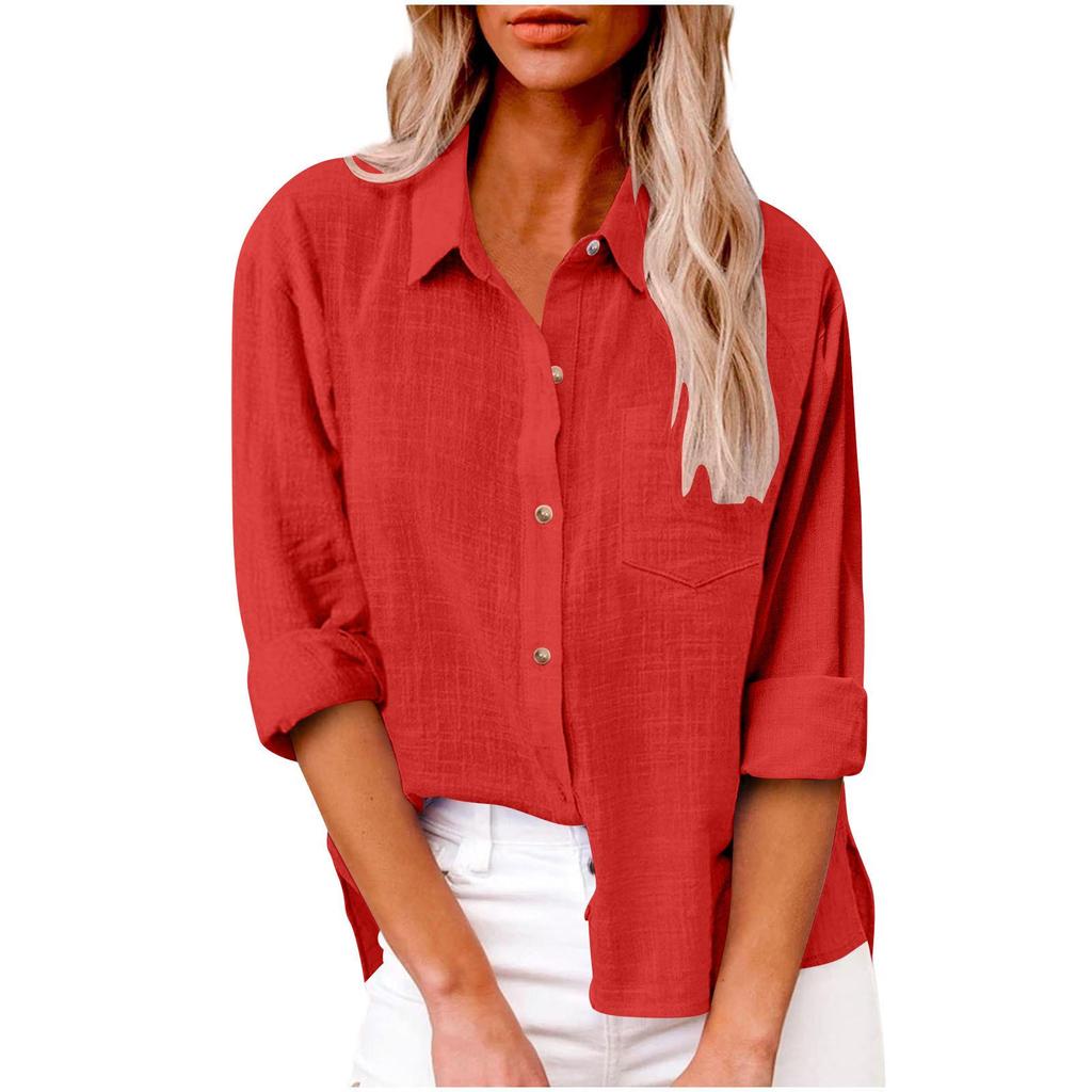 Autumn 2025 Women's Loose Fit Button-Up Cotton Linen Long Sleeve Top with Plain Color and Lapel