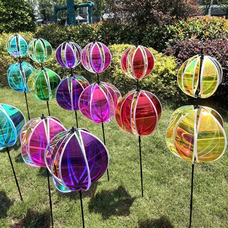 Rainbows Rotating Windmill Decorative Stake Reflective Outdoor Gazing Ball Wind Spinner For Garden Yard Patios Outdoor Use