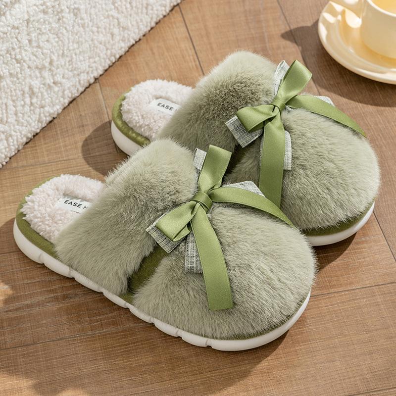 

Indoor home warm non-slip thick-bottomed fluffy slippers bow cotton slippers girls couple winter thickened warm 36-37