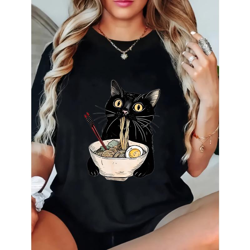 Women Casual Loose T Shirt Black Cat Eating Noodles Print Summer Top For Daily Wear