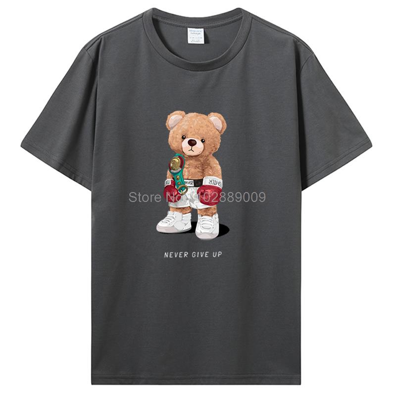 Strong Boxer Teddy Bear Never Give Up Print Men T-shirt Summer Short Sleeve Cotton Basic Tops Tees TShirt Streetwear Clothes