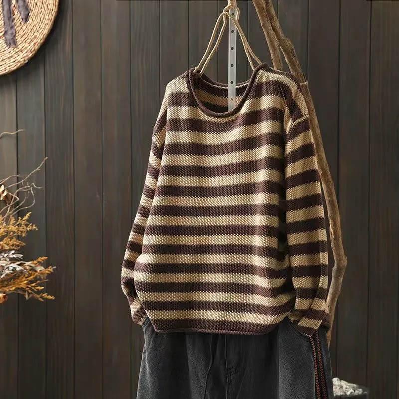 Sweatshirt for Women Cotton Oversize Stripe Loose Round Neck Casual Pullover Long Sleeve Top Sweatshirt