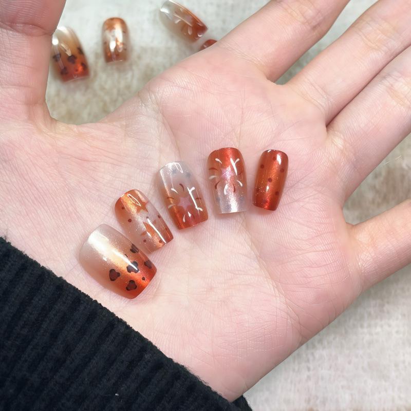 Autumn/Winter Caramel Firework Amber Leopard Print Cat Eye Handmade Nail Art Stickers XS (For small nail beds or shorter individuals)