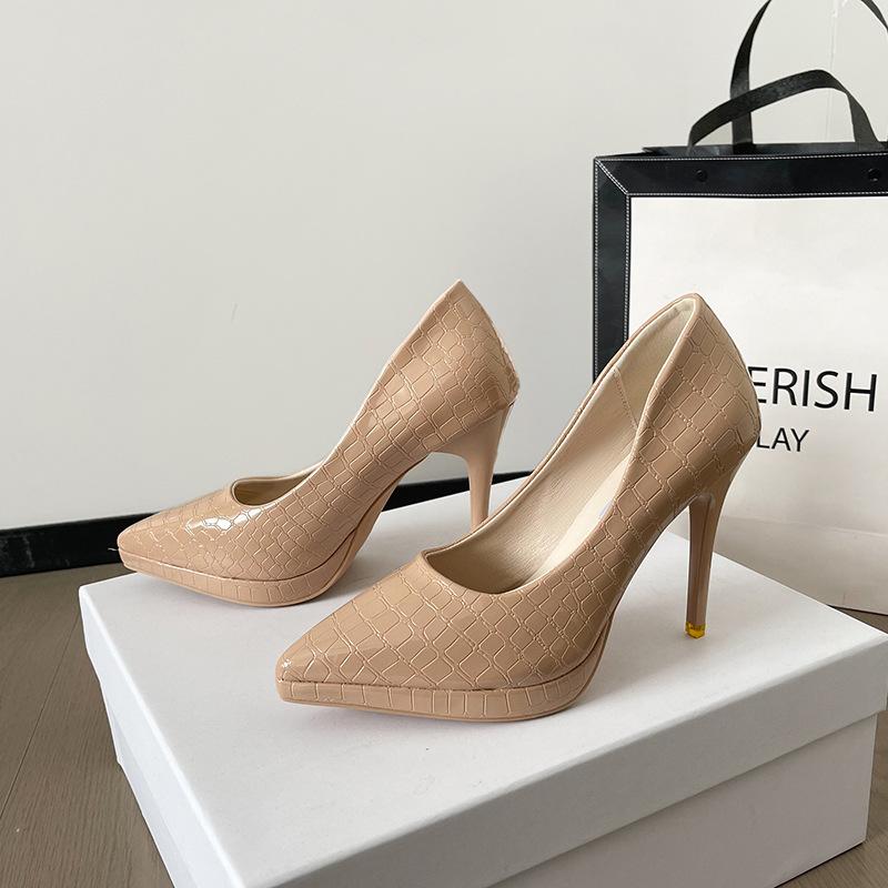 2025 Spring New European and American Style Banquet Super High Heels Women's Shoes Thin Heels Shallow Mouth Pointed Stone Pattern Sexy High Heels