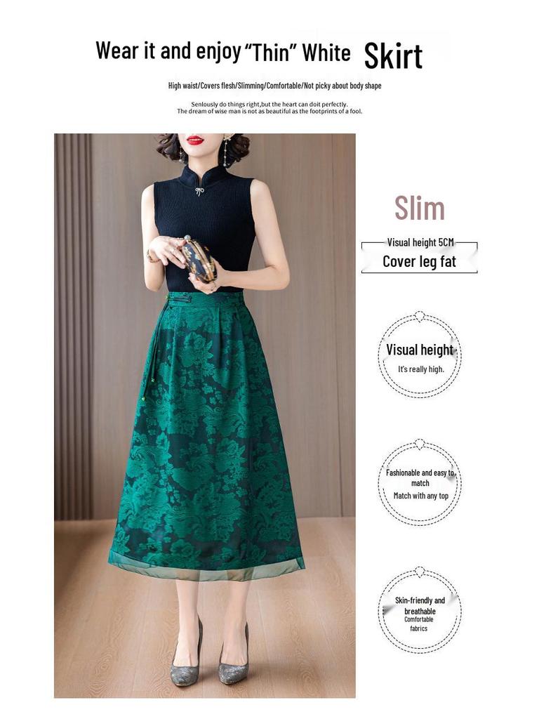 Damen Frühling/Sommer Schwarzer Jacquard A-Linien-Rock: Retro High Waist Schlankmachend für Mütter mittleren Alters