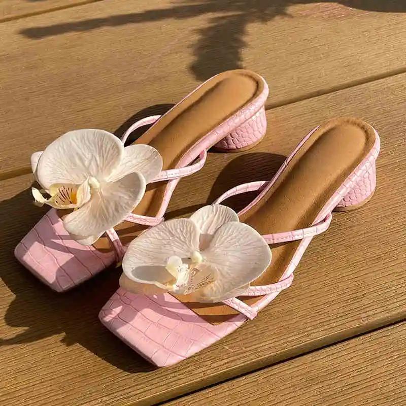 Fashion Summer Women's Open Toe Thick Heel Slippers Fashion Flower Beach Vacation Slides Casual Outdoor Dress Shoes