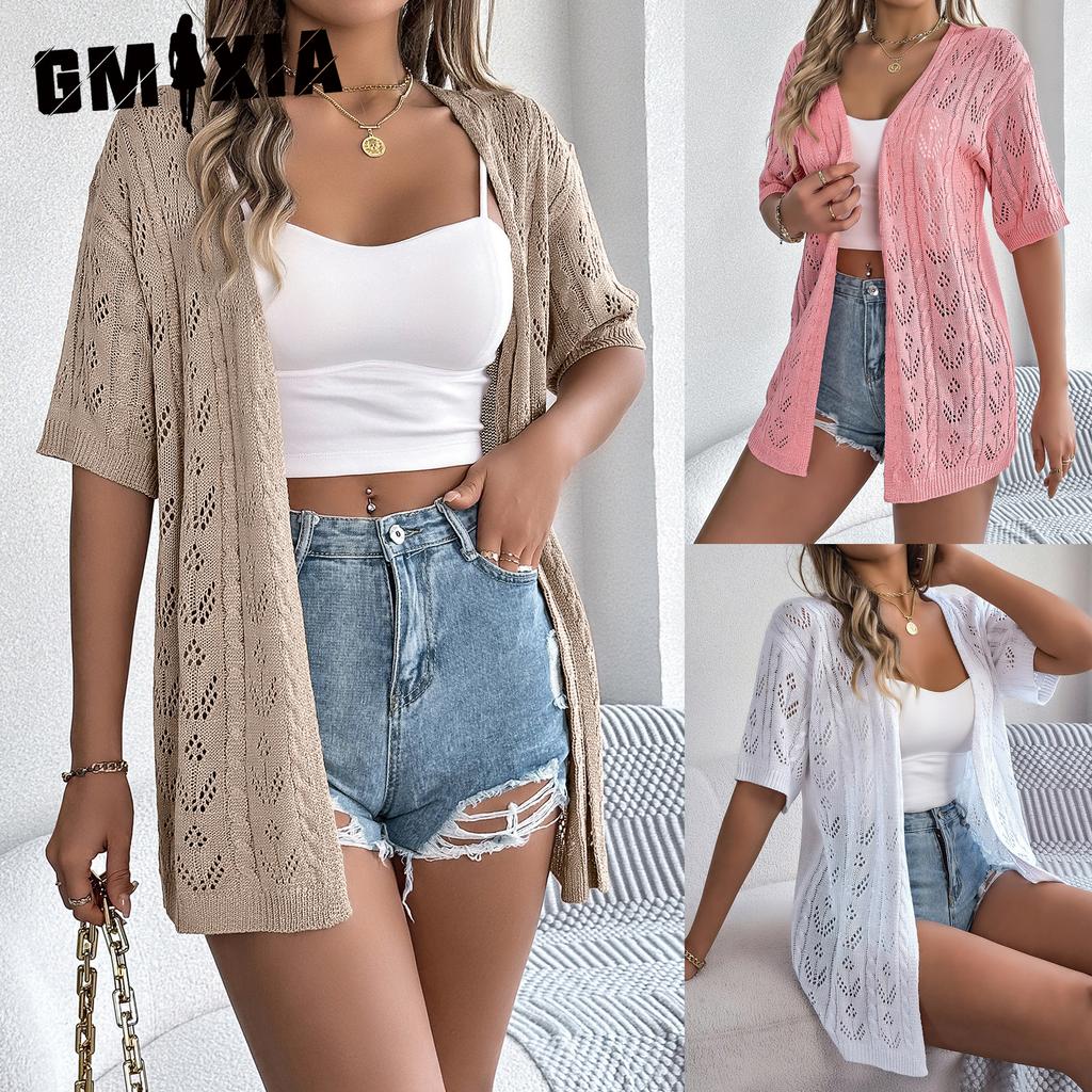 GMXIA Spring Summer Cut-out Short-sleeved Knitted Cardigan for Vacation Sun Protection Women's Wear