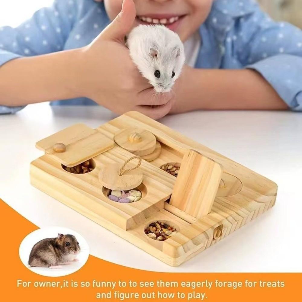 New Wooden Hamsters Foraging Toy 6 Food Holes Interactive Treat Dispenser Toy Natural with Lid Guinea Pig Feed Tray Pet Supplies