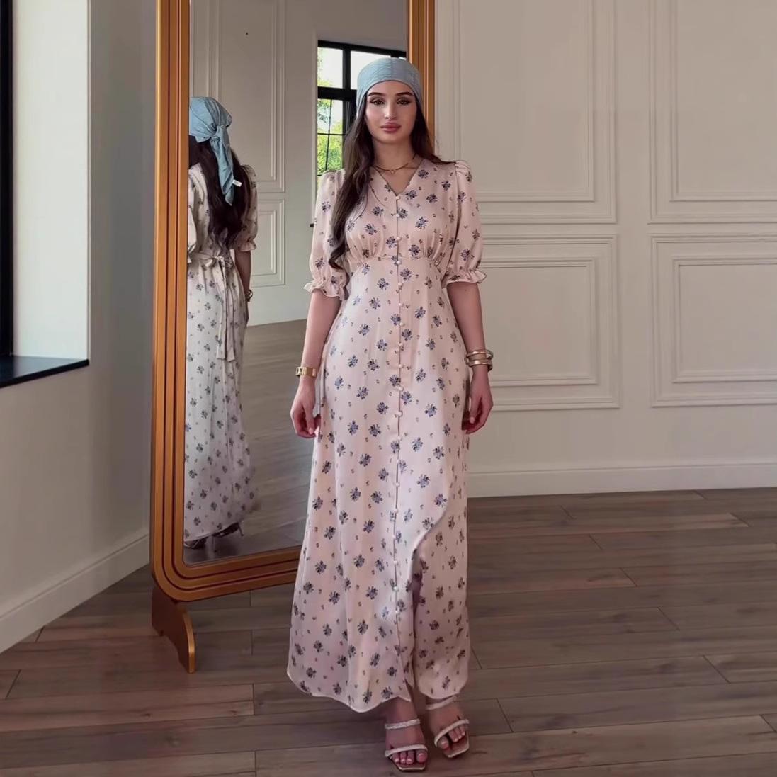 

Retro V-Neck Single-Breasted Floral Dress - European & American Style 2025 M