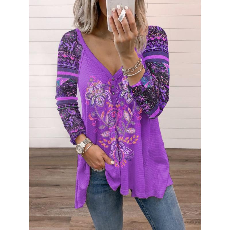 Frühling und Herbst Damen V-Ausschnitt Pullover Bedrucktes Langarm Lose Oberteil