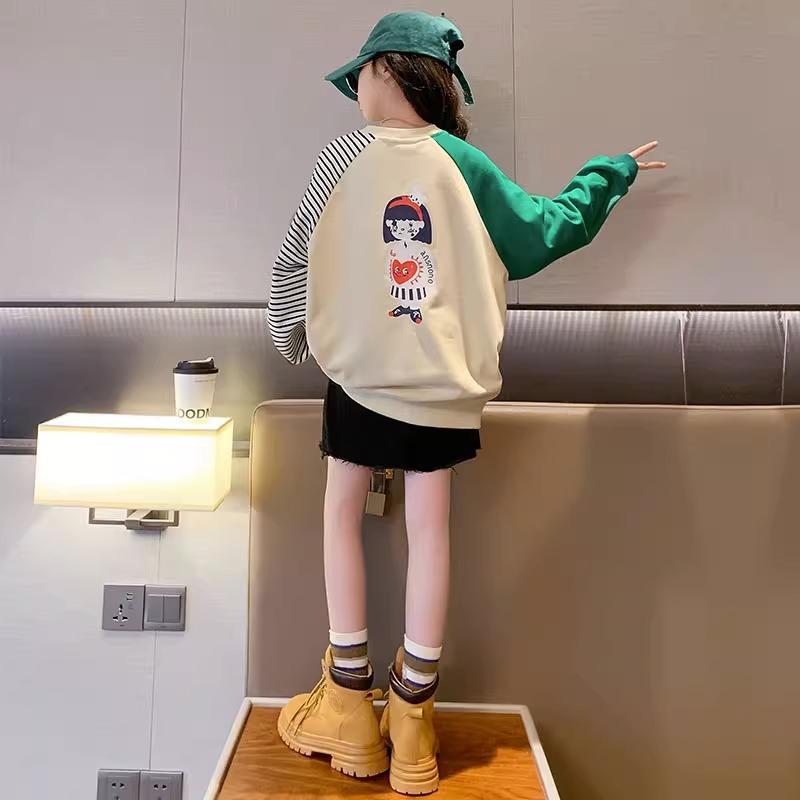 Girls Spring Autumn Mid Long Hooded Sweatshirt Casual Top