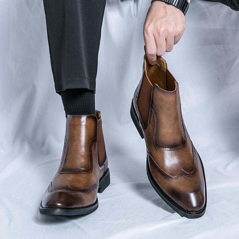 Chelsea Boots Spitz Hoher Schaft Leder Schuhe Friseur Martin Stiefel Reißverschluss Innen Erhöhend Freizeitstiefel